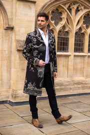 shibumi cashmere overcoat in back with tree of life pattern