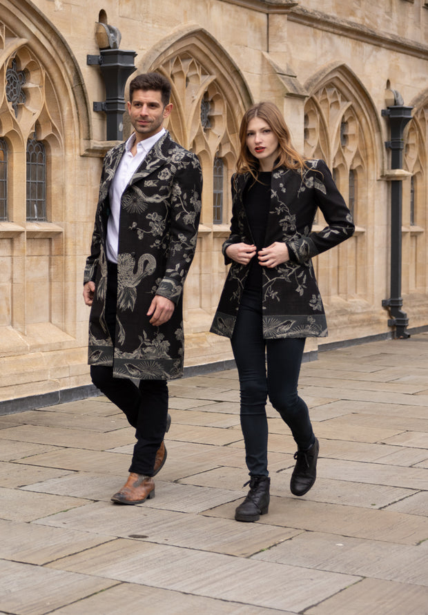 luxury black cashmere jacket worn by couple in City of Bath