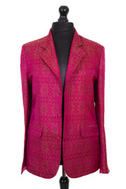 Mens classic blazer jacket with a revere collar in a deep pink jacquard embroidered silk with gold, aubergine and black details