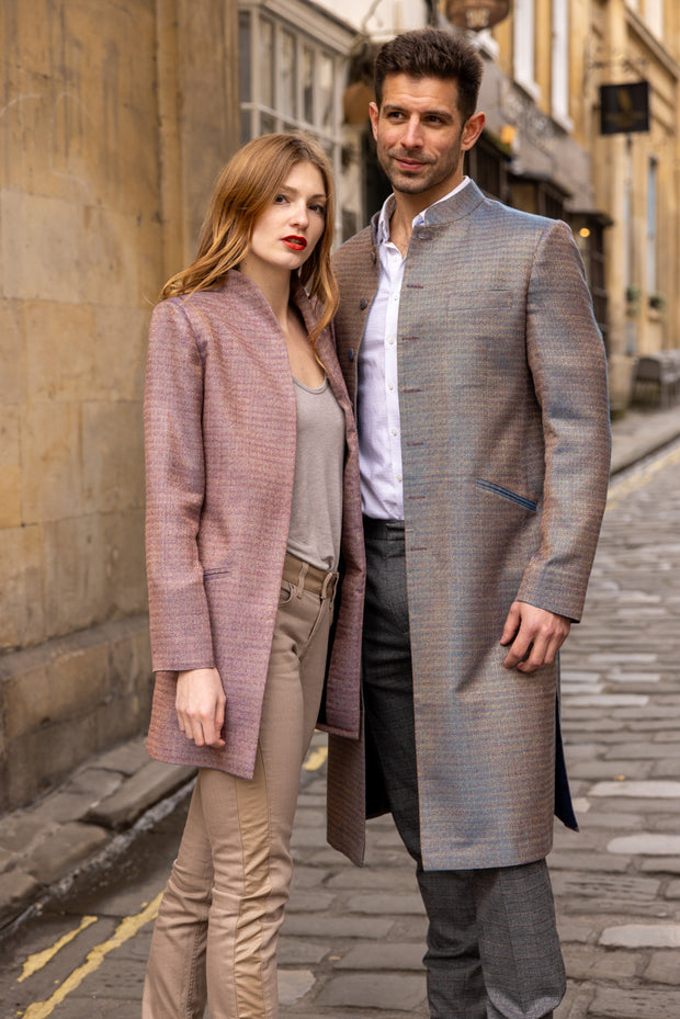 couple wearing smart clothes, men's shibumi long jacket with high collar