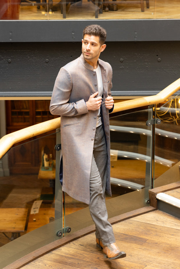 cashmere coat for men in antique blue with nehru collar 