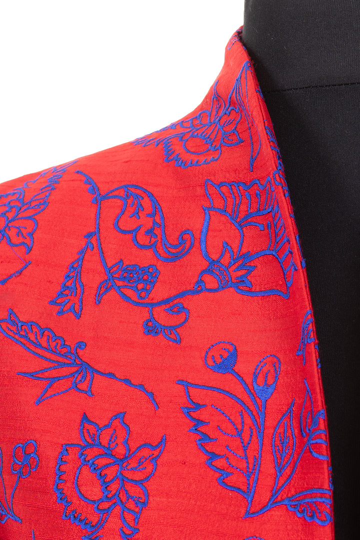 Women's embroidered silk pillar box red longline jacket, with cobalt embroidery