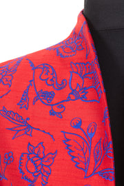 Women's embroidered silk pillar box red longline jacket, with cobalt embroidery