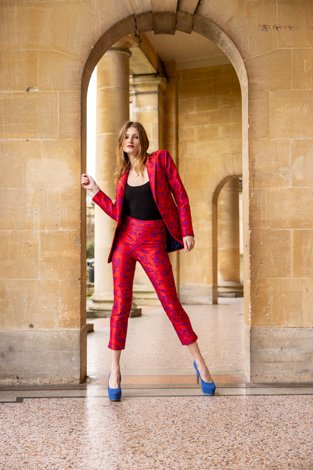womens silk suit with cigarette trousers and fitted jacket 