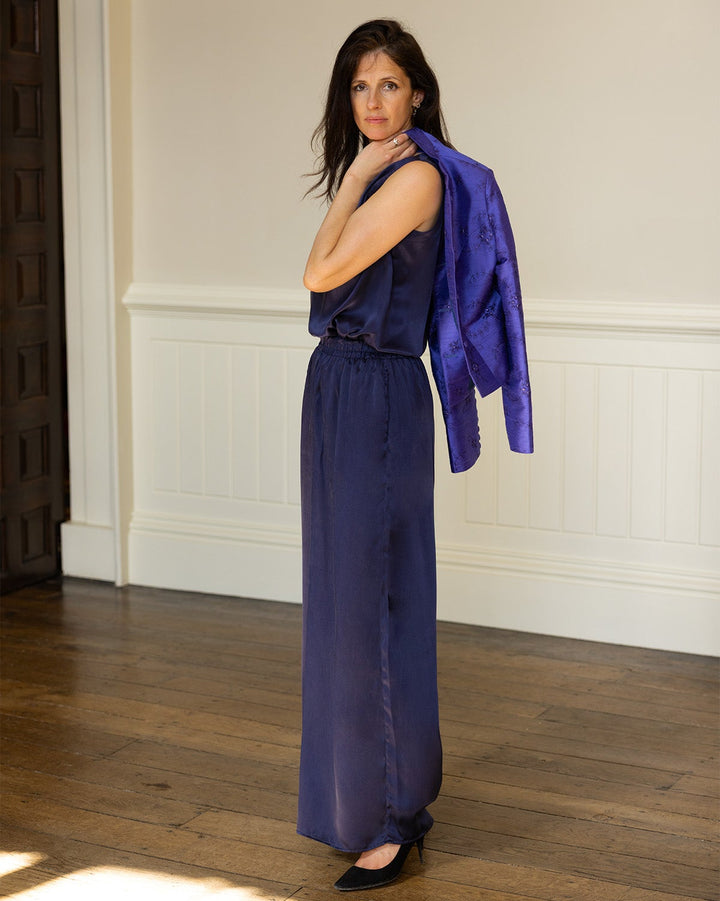 Silk Palazzo Pants in Navy