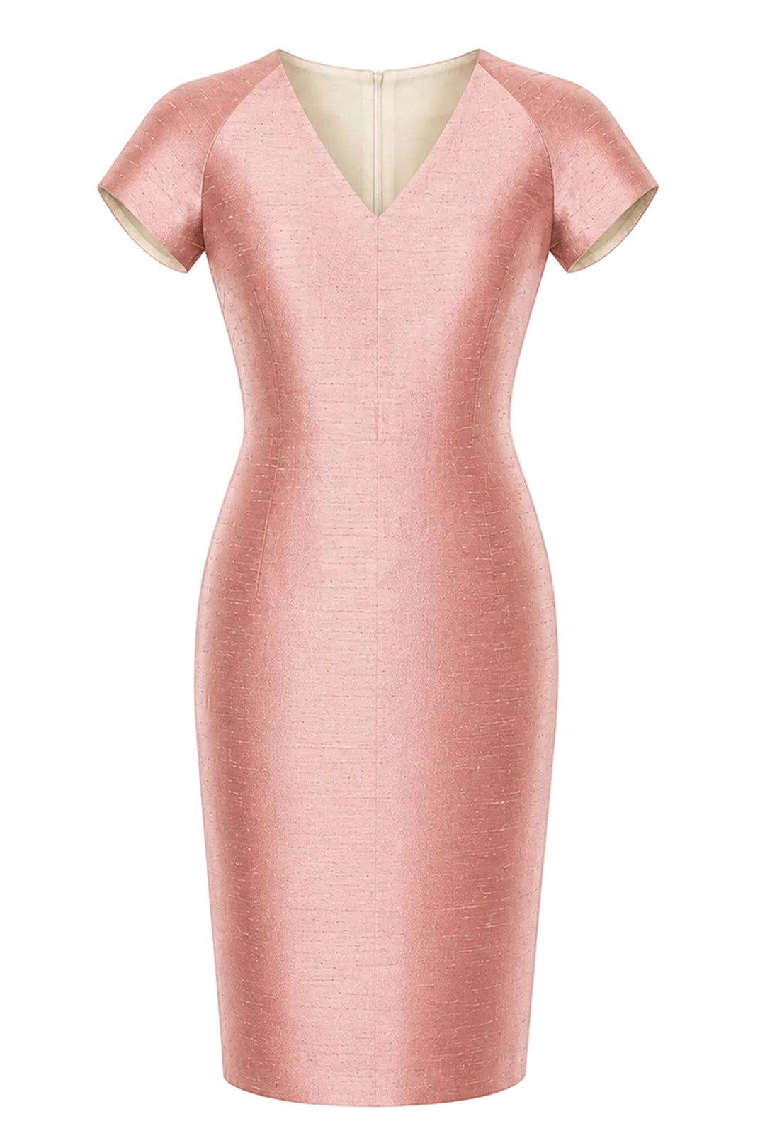 A short-sleeve bodycon dress in a textured dusty pink fabric, featuring a V-neckline with a contrasting cream inner lining, shown against a plain white background.