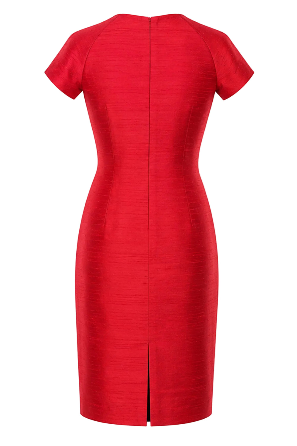 A bright red short-sleeve bodycon dress shown from the back, featuring a center back zipper and a subtle vertical texture, set against a plain white background.