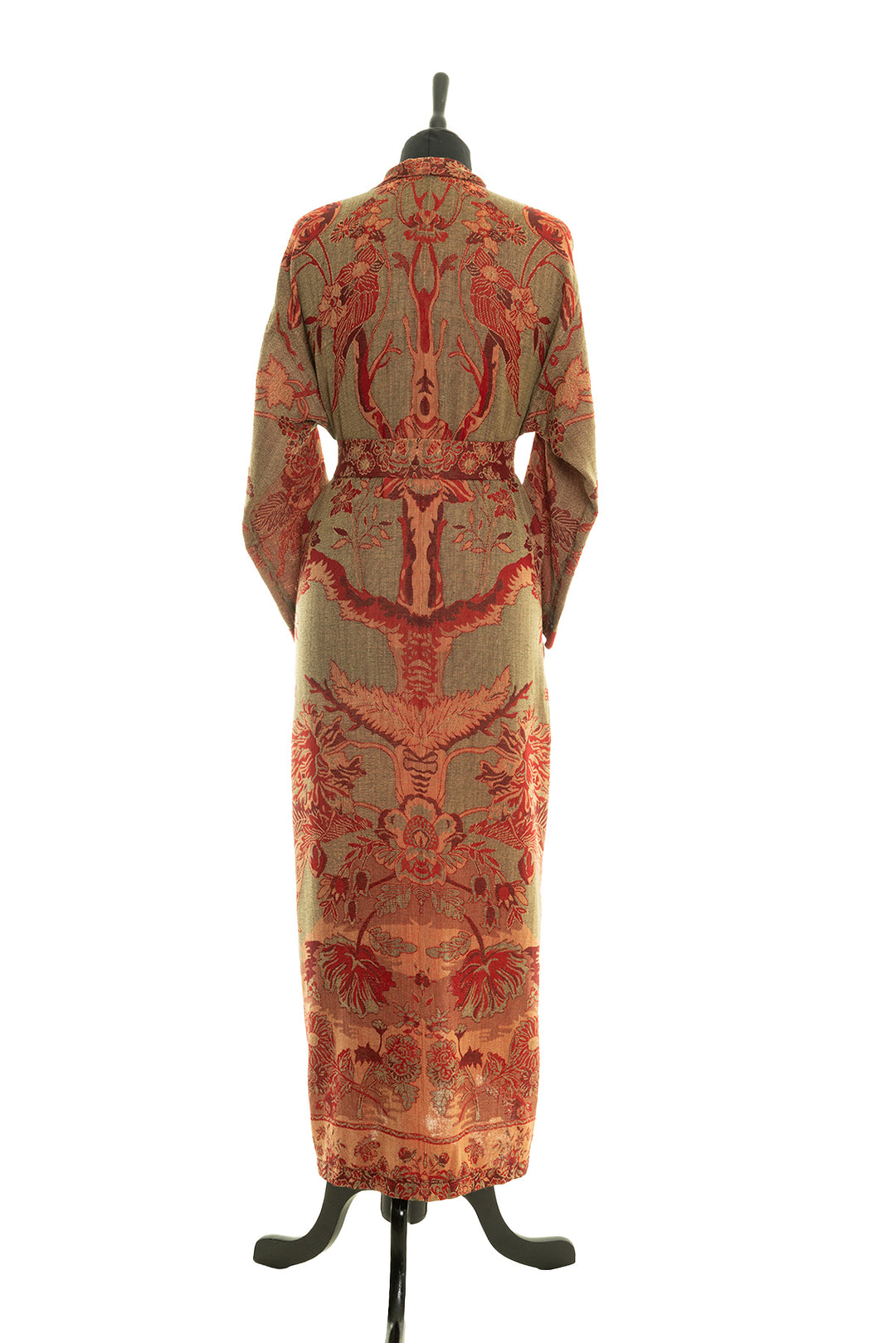 Reversible dressing gown by Shibumi. Tree of life pattern at the back in green, brown and red. 