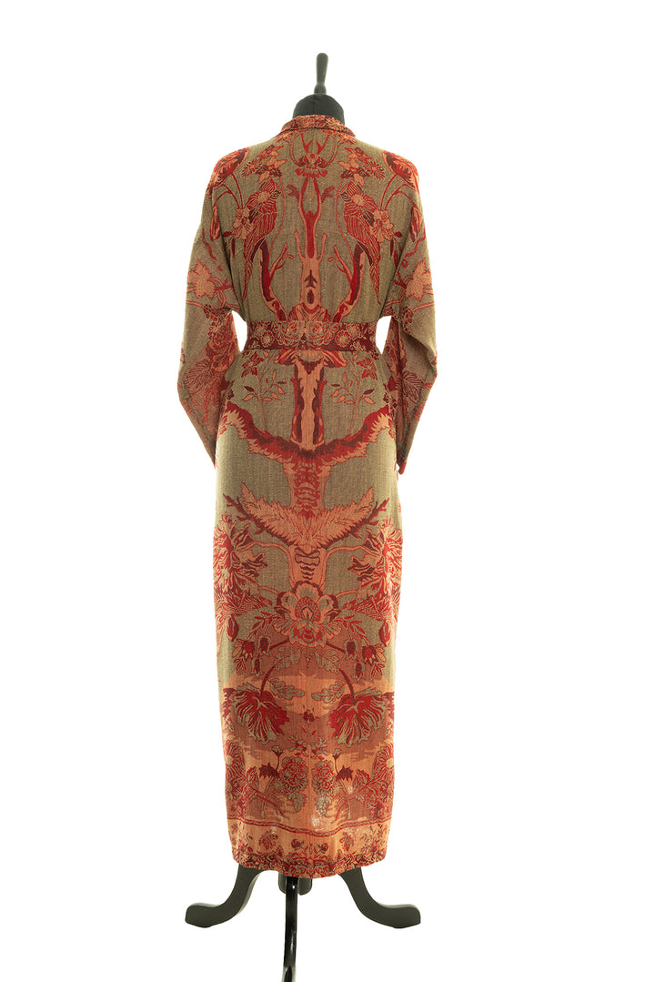 Reversible dressing gown by Shibumi. Tree of life pattern at the back in green, brown and red. 