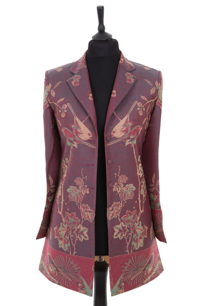 Womens longline blazer style jacket in an iridescent teal, with pink hues cashmere