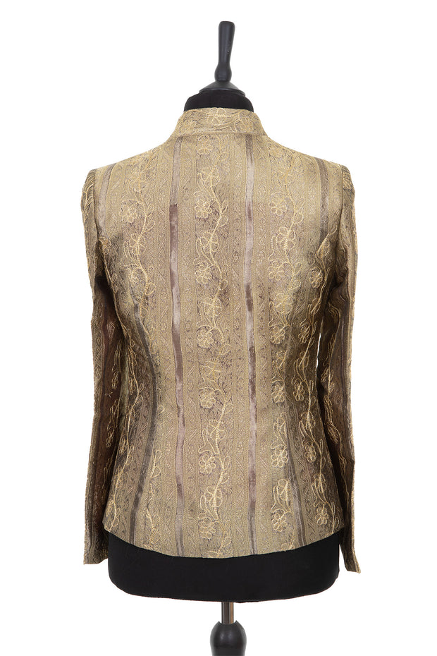 Womens short jacket in a dark gold heavily embroidered raw silk with metallic thread