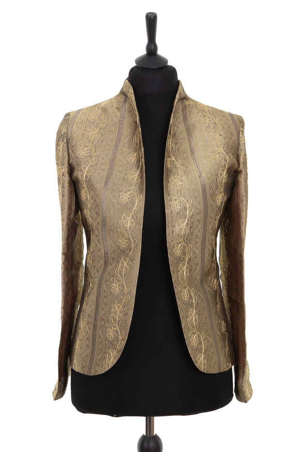 Womens short jacket in a dark gold heavily embroidered raw silk with metallic thread