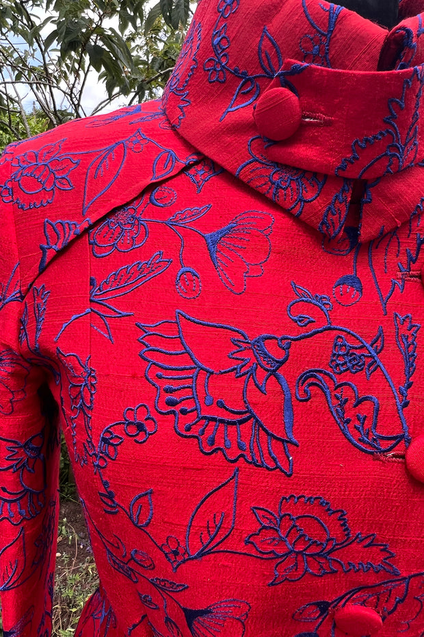 Women's embroidered silk pillar box red Trench Coat, with cobalt embroidery