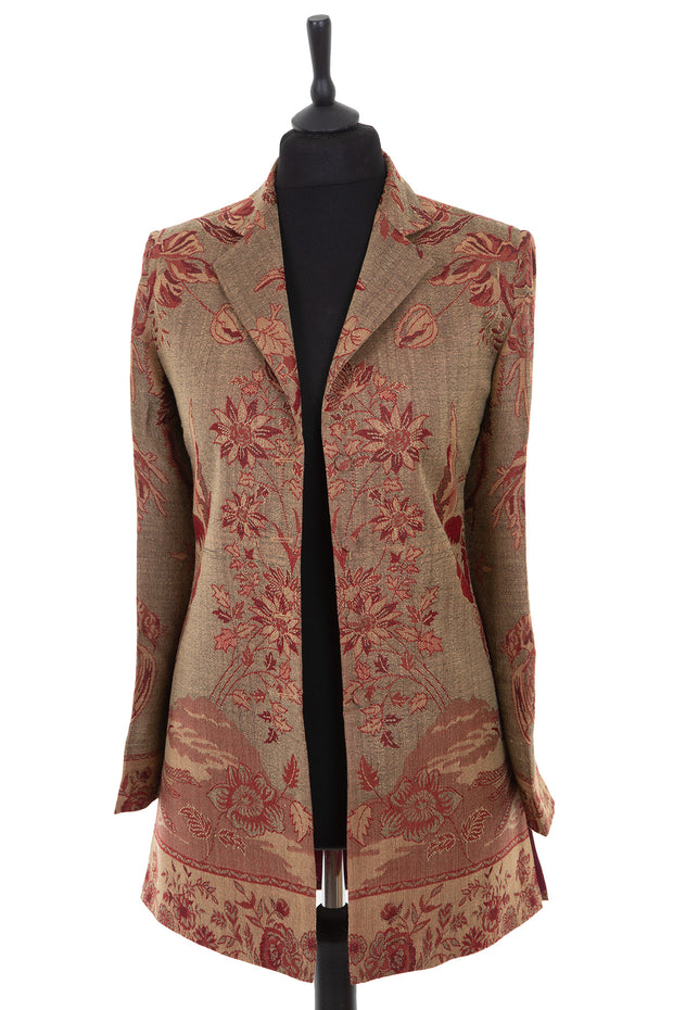 Womens longline blazer style jacket in a brown, green and red floral cashmere fabric
