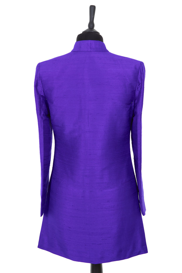 Womens longline silk nehru jacket in a bright violet purple raw silk