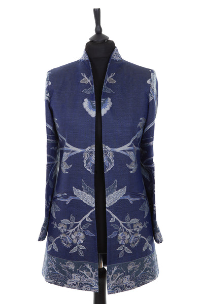 Womens longline jacket in bright navy blue cashmere fabric with a Tree of Life pattern in pale silver