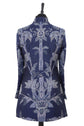 Womens longline jacket in bright navy blue cashmere fabric with a Tree of Life pattern in pale silver
