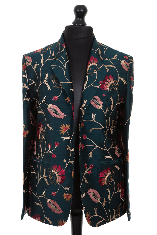 Mens silk blazer in dark green embroidered raw silk with a floral pattern in gold, blush and red