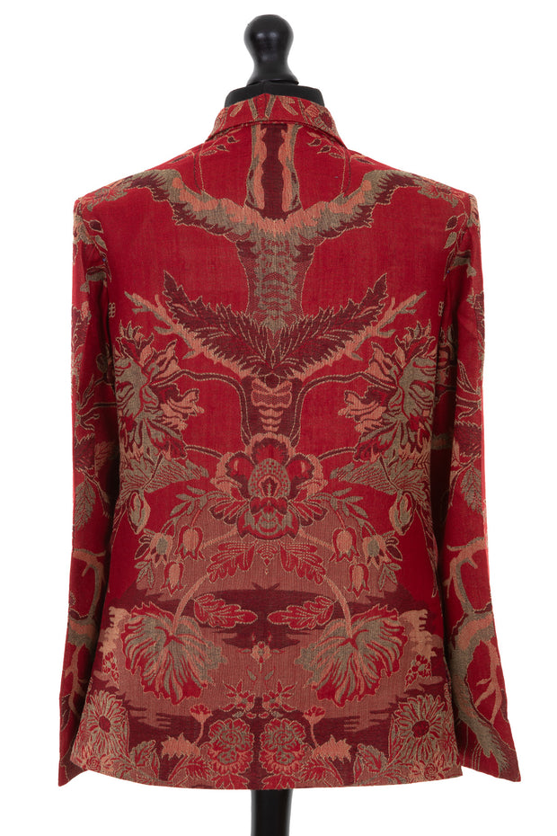 Mens cashmere blazer in ruby red cashmere fabric with a floral pattern in country green, burgundy and gold