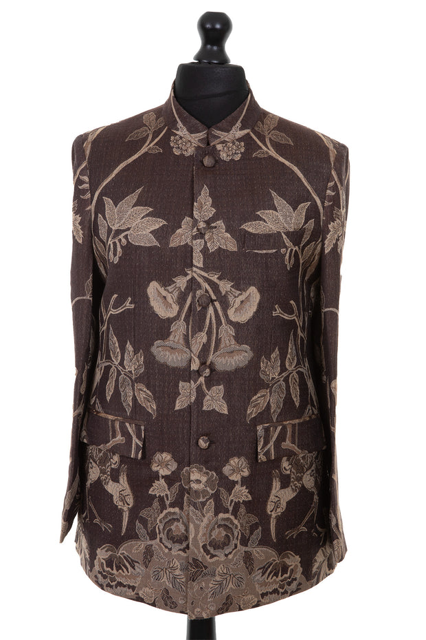 Mens nehru jacket in chocolate brown cashmere fabric with taupe Tree of Life pattern