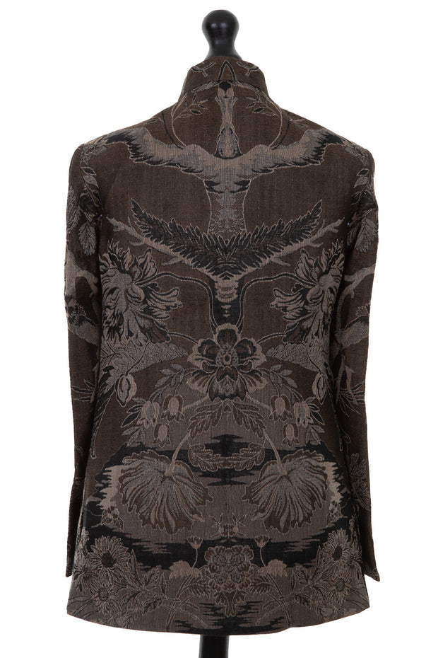 Mens nehru jacket in a dark brown cashmere fabric with a floral pattern in black, grey and silver