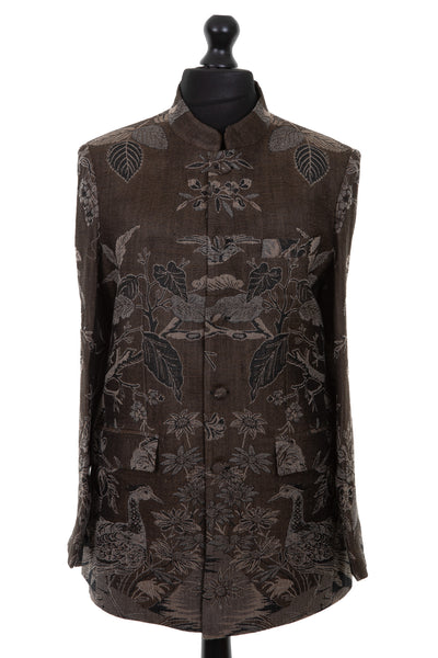 Mens nehru jacket in a dark brown cashmere fabric with a floral pattern in black, grey and silver