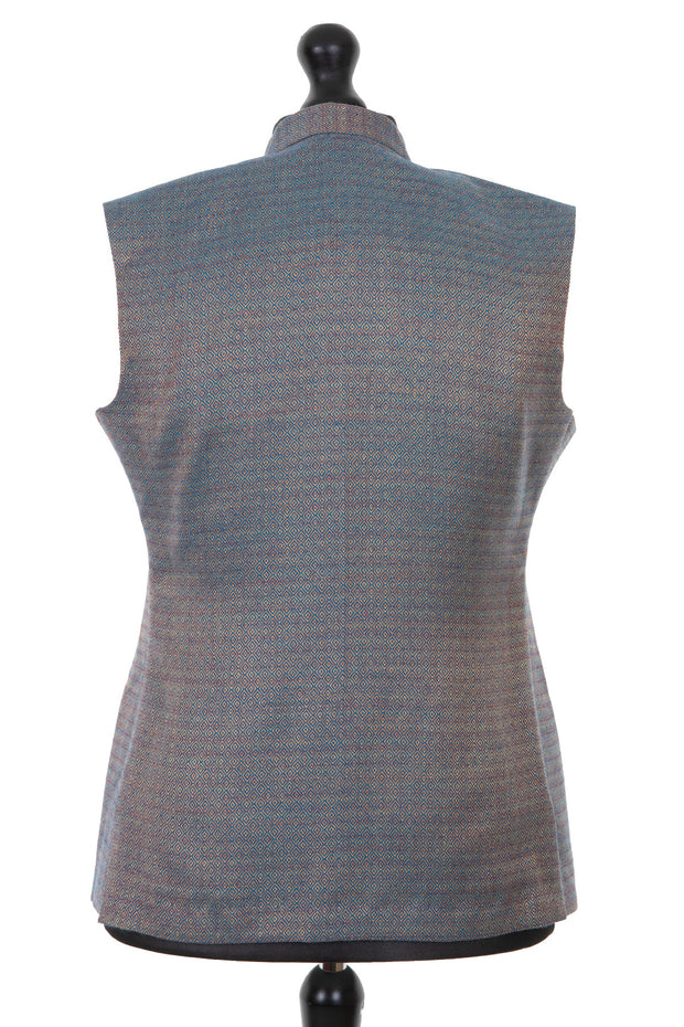 Mens cashmere nehru waistcoat in Antique Blue IKAT fabric