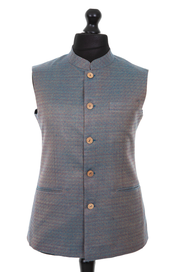 Mens cashmere nehru waistcoat in Antique Blue IKAT fabric with coconut buttons