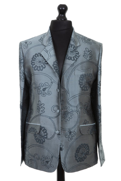 Dark steel grey embroidered raw silk mens blazer