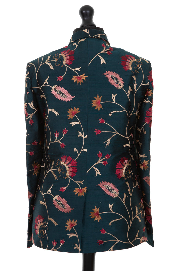 Mens silk blazer in dark green embroidered raw silk with a floral pattern in gold, blush and red
