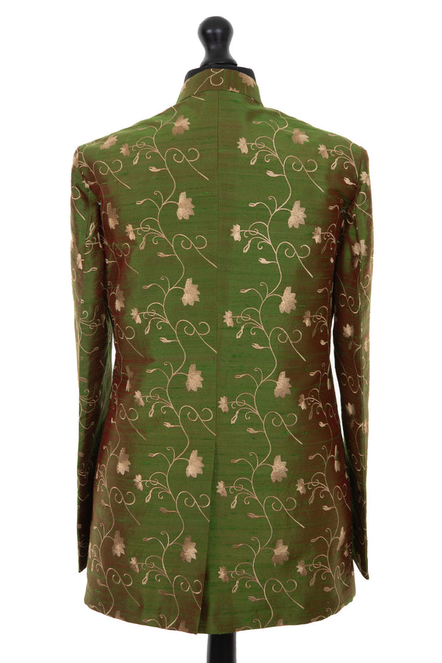 Mens nehru jacket in green embroidered silk with golden embroidery