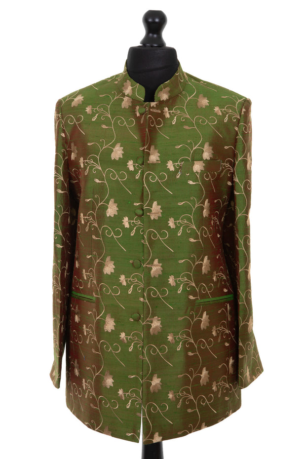 Mens nehru jacket in green embroidered silk with golden embroidery