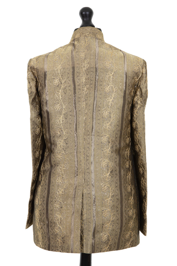 Mens nehru jacket in dark gold heavily embroidered raw silk with metallic thread
