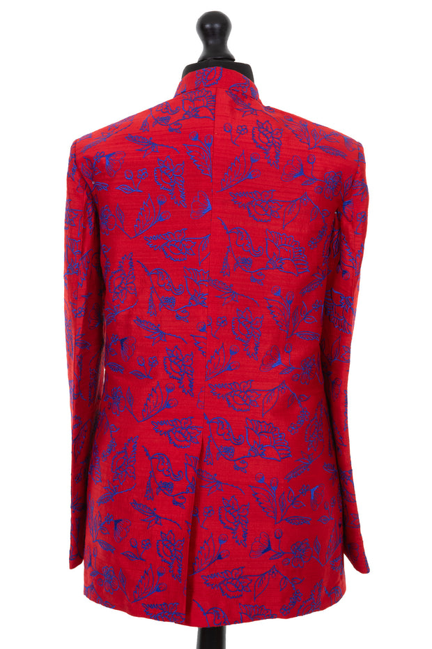 Mens pillar box red nehru jacket, with cobalt blue embroidery