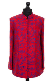 Mens pillar box red nehru jacket, with cobalt blue embroidery