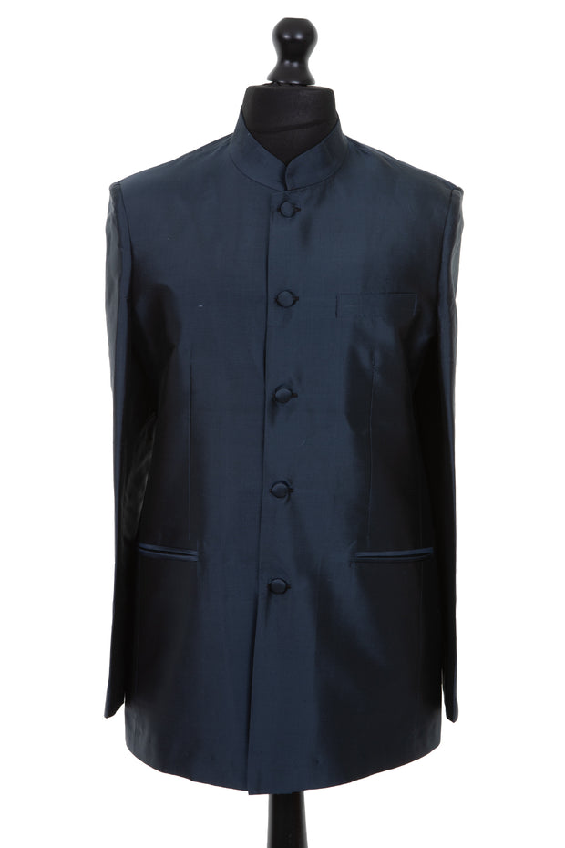 Mens raw silk smart nehru jacket with mandarin collar and five buttons and two slit pockets in a slate grey/navy plain raw silk