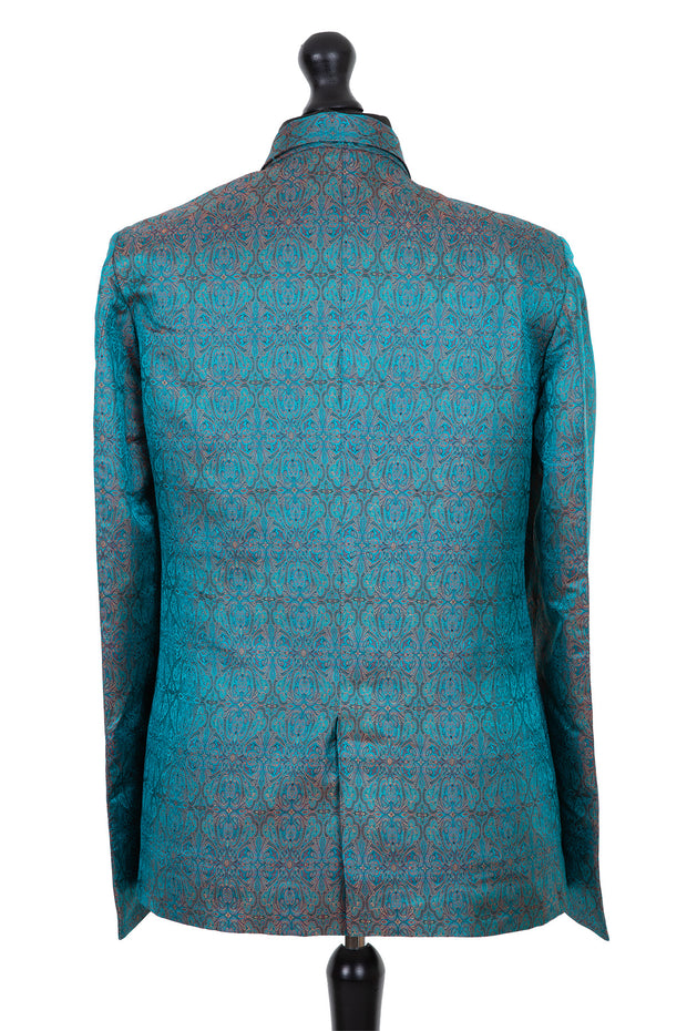 Mens silk blazer jacket with a revere collar in a dark teal jacquard embroidered raw silk with pink, blue, gold and black detail