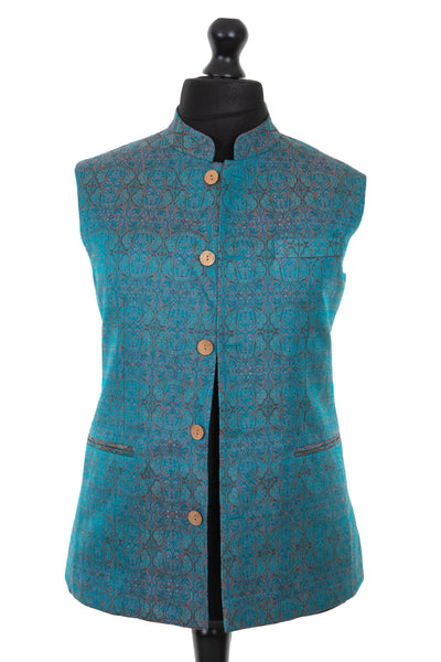 Mens royal jacquard silk nehru waistcoat with coconut buttons