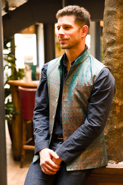 embroidered silk Nehru waistcoat for men