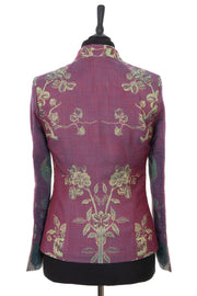 Womens short jacket in purple cashmere fabric with Tree of Life pattern in green, gold and blue
