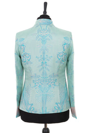 Womens short dress jacket in Eau de Nil pale aqua green cashmere fabric with a Tree of Life pattern in light turquoise