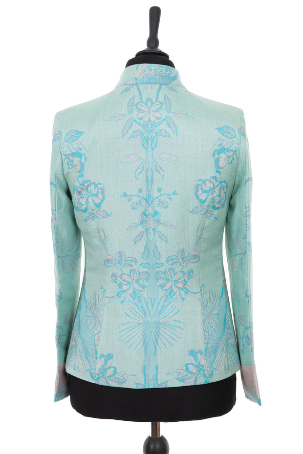 Womens short dress jacket in Eau de Nil pale aqua green cashmere fabric with a Tree of Life pattern in light turquoise