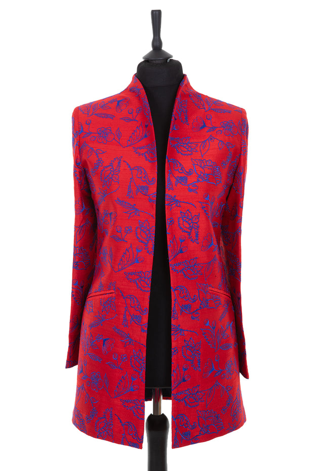 Women's embroidered silk pillar box red longline jacket, with cobalt embroidery