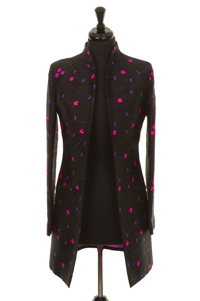 black silk jacket with pink flowers, ladies longline smart jacket 