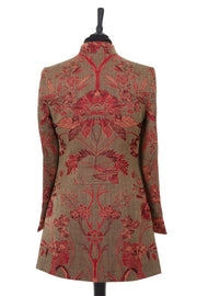 Womens longline jacket in a brown/green and red cashmere fabric with a floral pattern