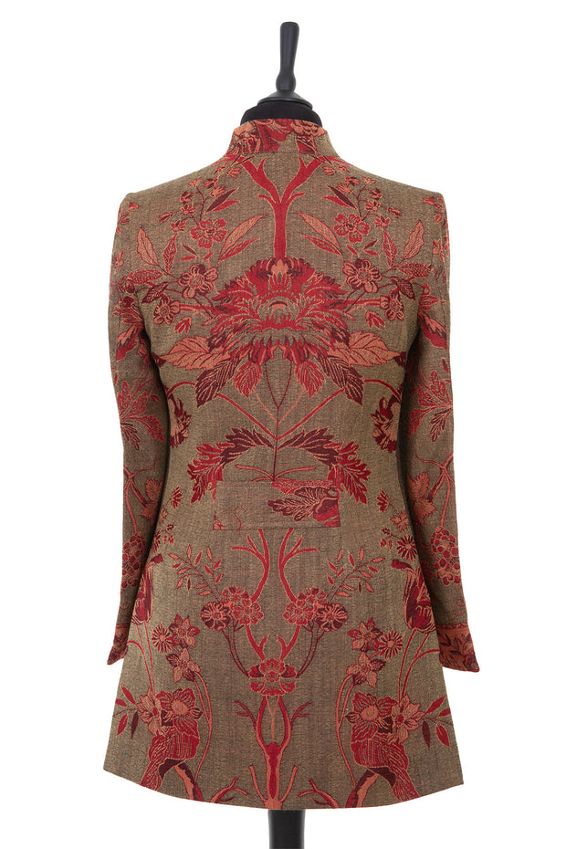 Womens longline jacket in a brown/green and red cashmere fabric with a floral pattern