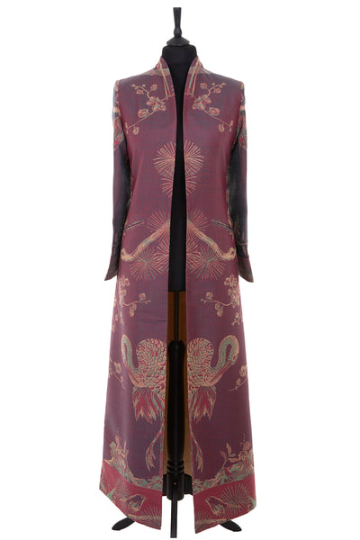 Womens full length dress coat in an iridescent teal cashmere, with pink hues