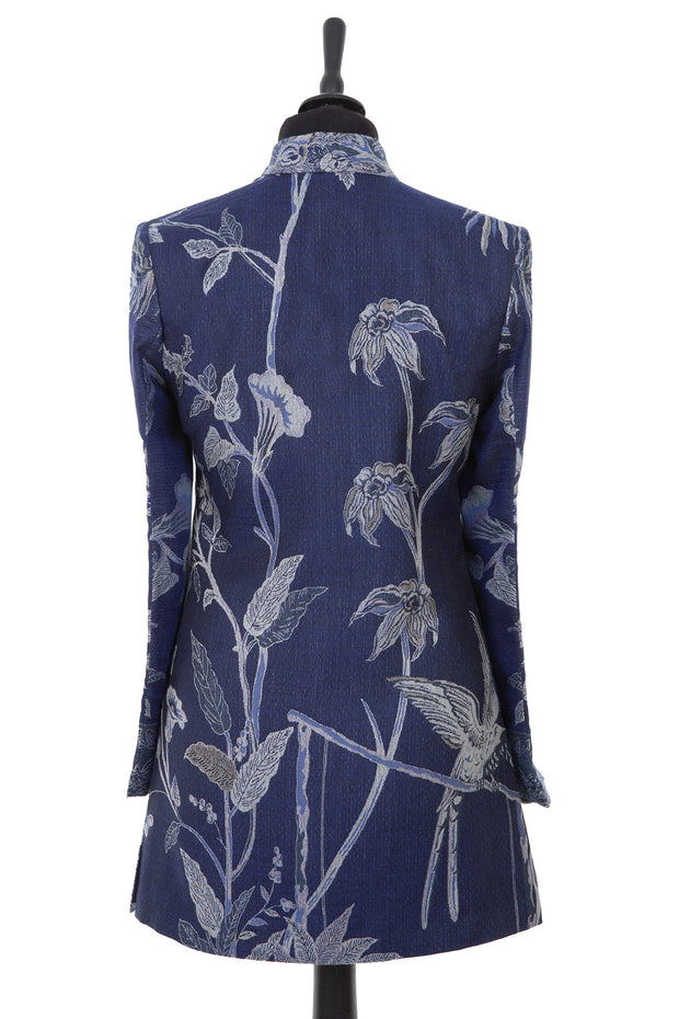 Womens cashmere silk blend long nehru jacket in a bright navy blue cashmere fabric with a Tree of Life pattern in pale silver