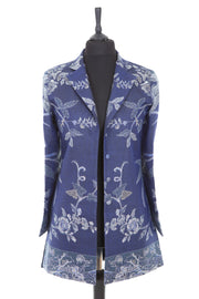 Womens cashmere silk blend longline blazer style jacket in bright navy blue cashmere fabric with a Tree of Life pattern in pale silver