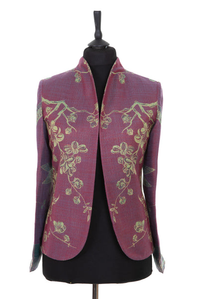 Womens short jacket in purple cashmere fabric with Tree of Life pattern in green, gold and blue